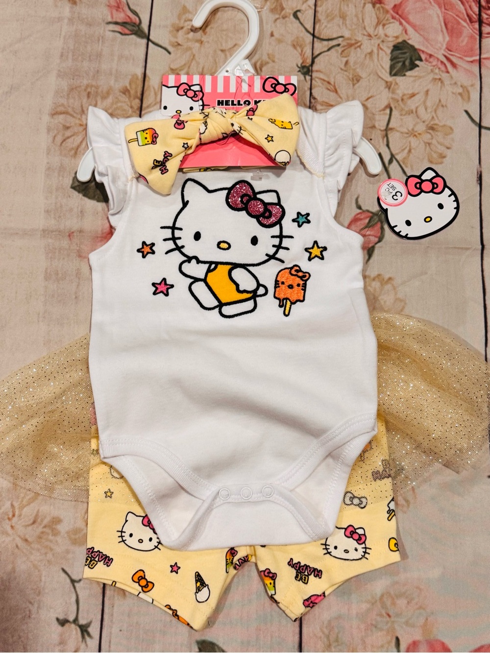 Hello Kitty Baby Girl Set Yellow Ice Cream Tutu Skirt, Shorts, Bow 12 Months NWT